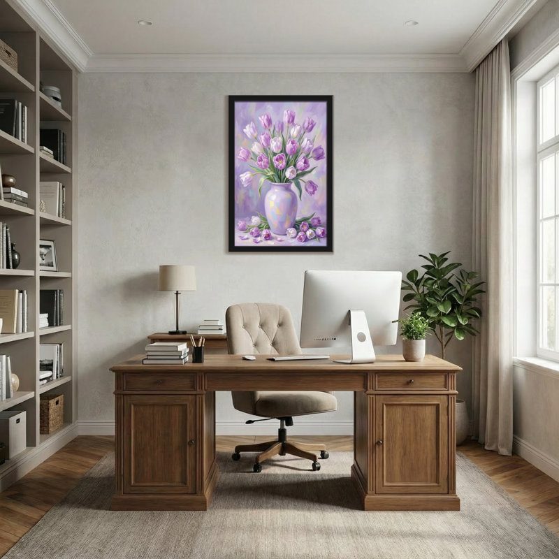 Plants & Flowers Purple Tulips In Vase With Petals, 18" H x 12" W