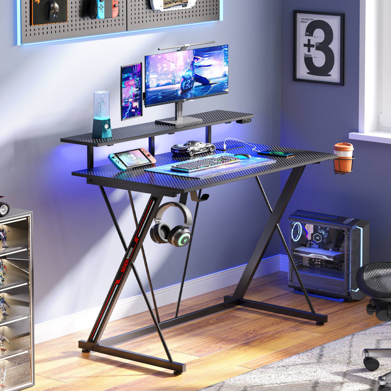 Gaming Desk with LED Lights & Power Outlets, Computer Desk with Monitor Shelf, 34.20" H x 31.50" W x 19.70" D
