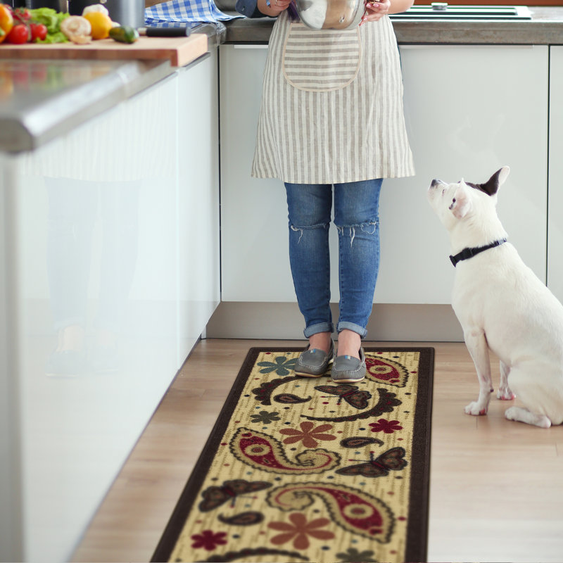 Beige and Red Paisley Non-Slip Kitchen Runner Rug