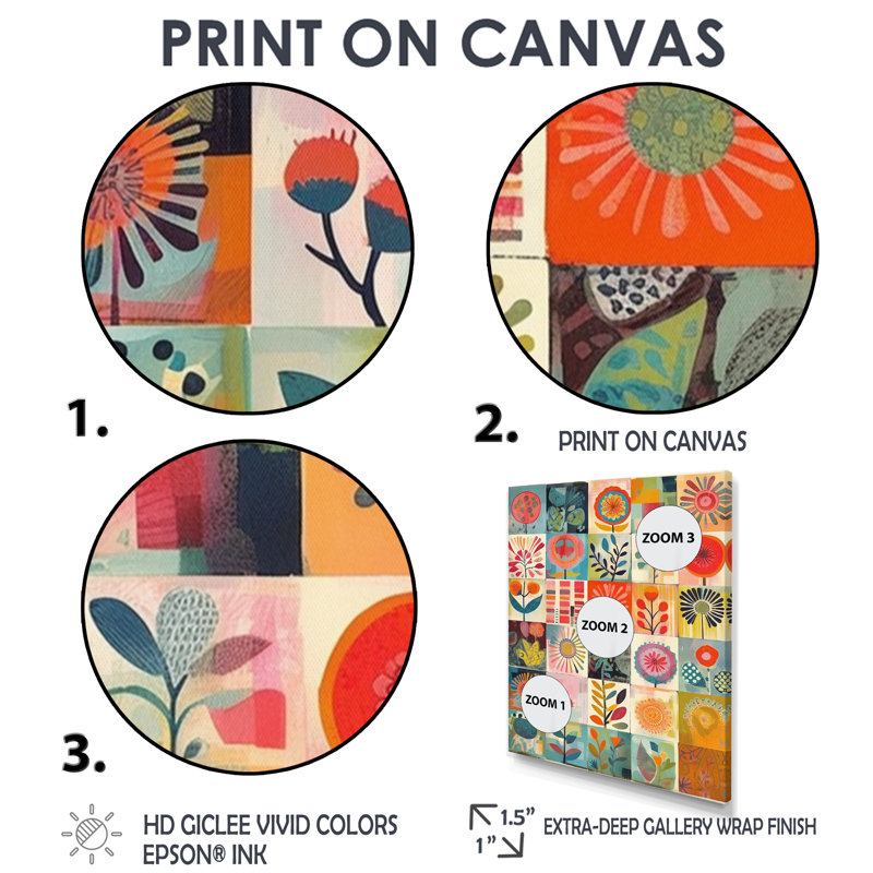 Patchwork de fleurs de prairie rétro - fleurs sauvages, art mural, H 20 po x l 12 po x P 1 po, Toile avec cadre flottant noir