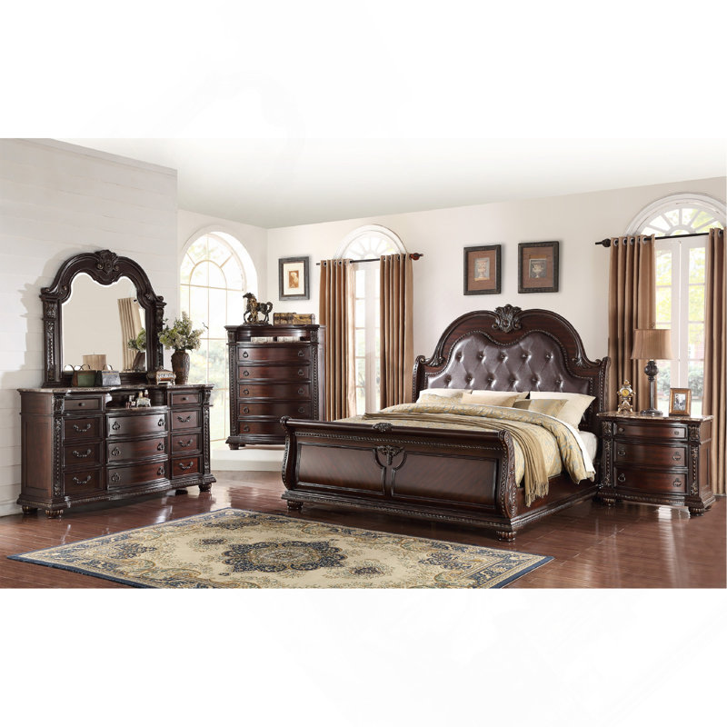 Meuble en bois massif de 1 chambre à coucher avec dessus en marbre à cinq tiroirs avec moulures complexes et silhouette courbée brune