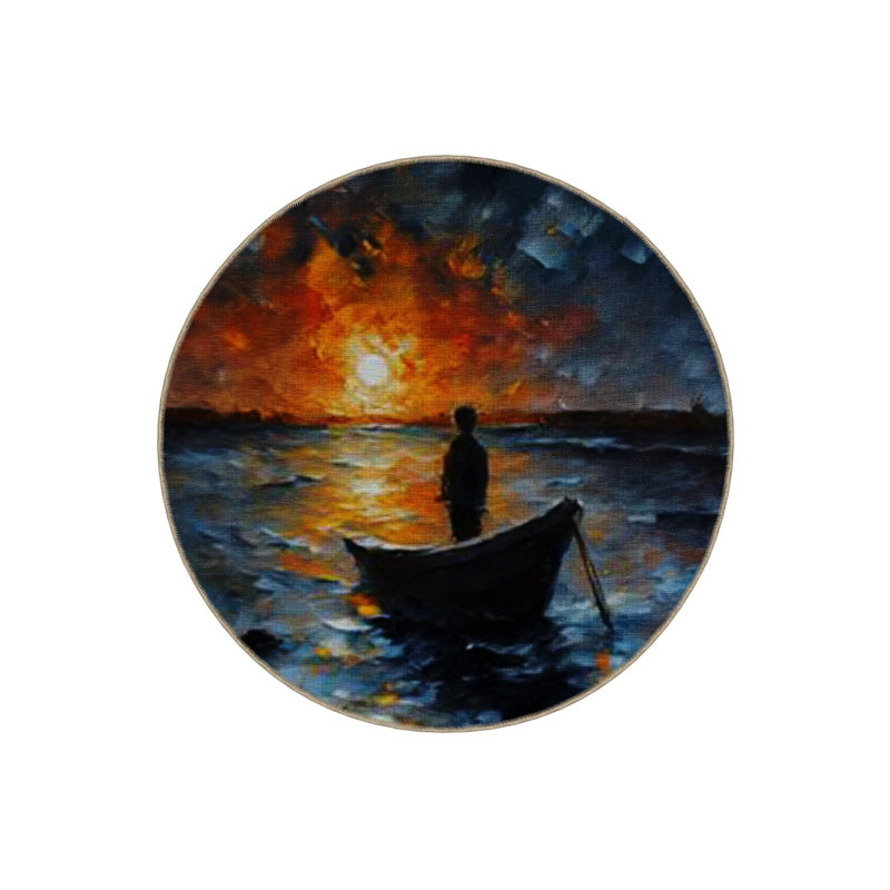 Round Woven Base Modern Decorative Carpet With Sea Sunset And Human In A Boat Pattern, Round 2'8"
