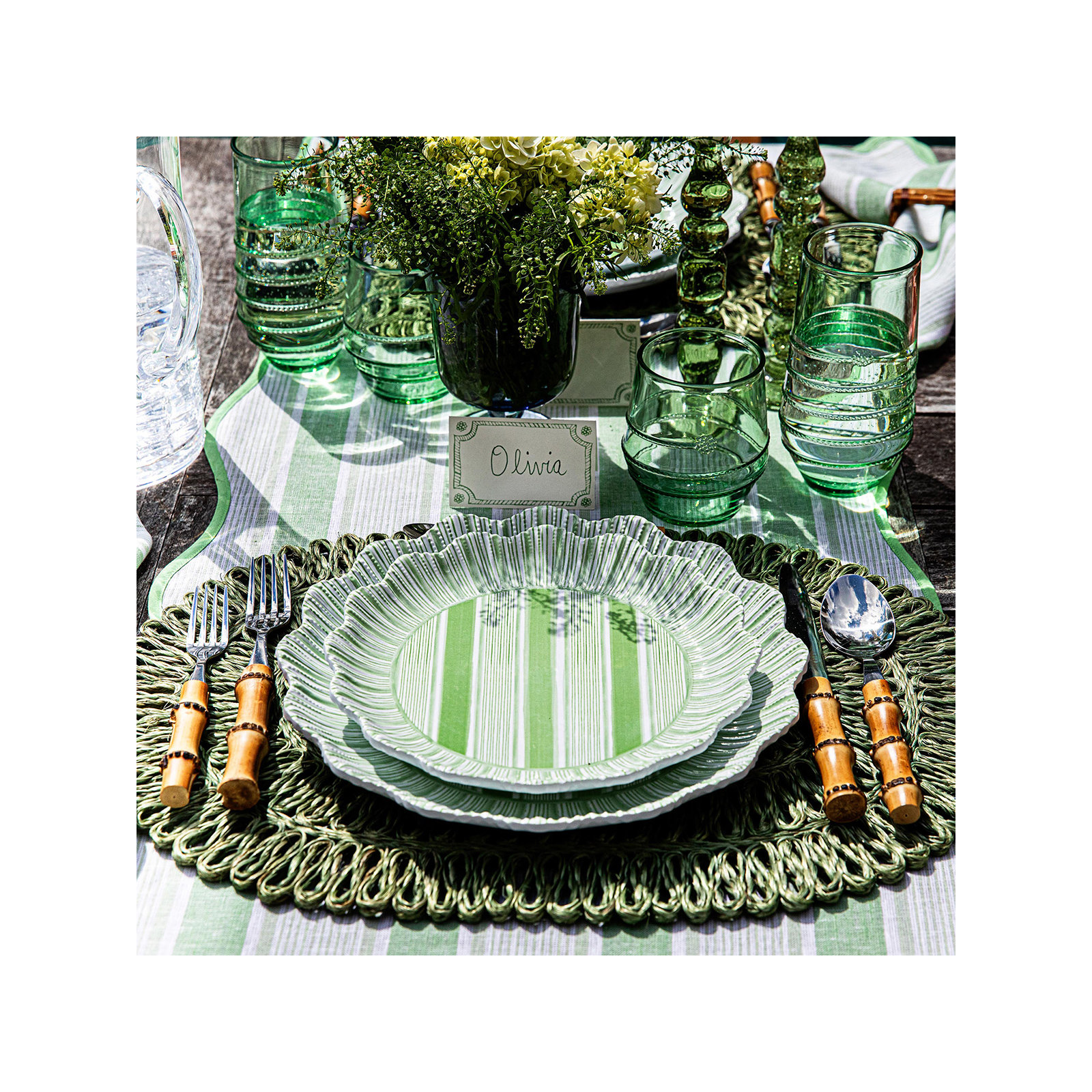 Cabana Stripe Melamine Dinner Plates, Seagrass