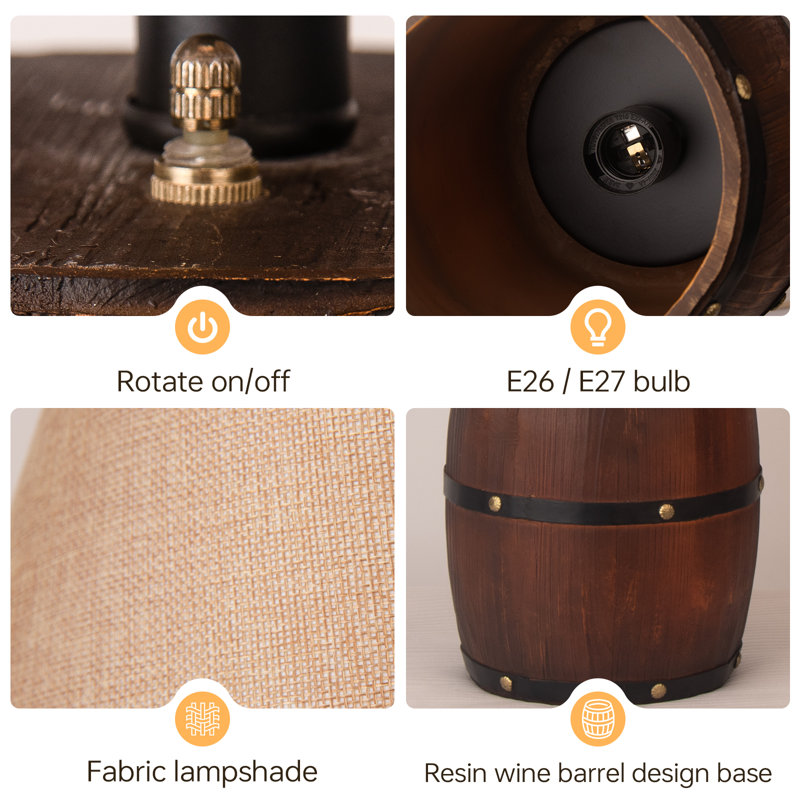 2 PCS Mid Century Table Lamp Large, Big Resin Table Lamp Unique with Three Lighting Methods-Farmhouse Drum Lampshade-Wine Barrel Night Light-Special Design for Home Decor
