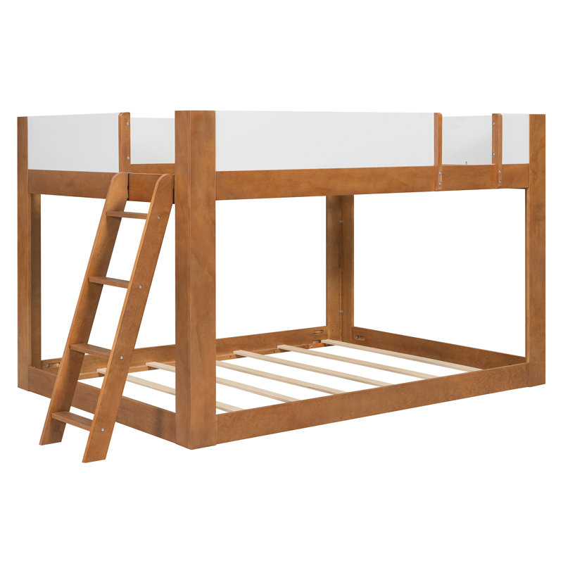 Lit superposé bas avec échelle réversible, lit superposé convertible en bois massif avec garde-corps de sécurité pour plafonds bas