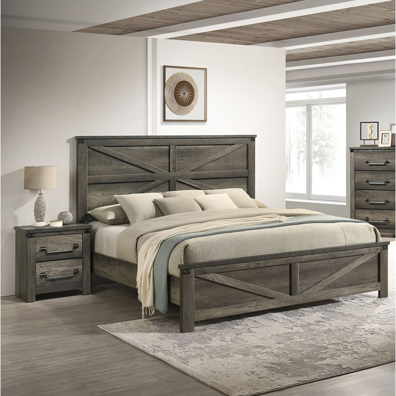 Rustic Gray 3pc Set Bed 2x Nightstands Unique Design Headboard Bedroom Furniture Metal Accents, Queen