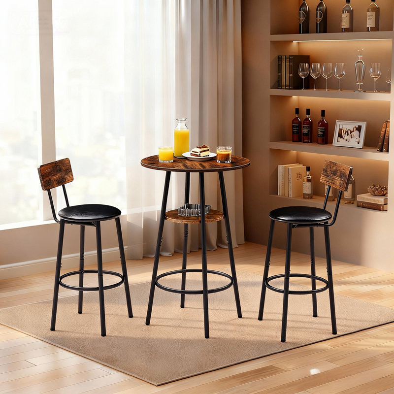 3 Pieces Round Bar Table and Chairs Set, Small Dining Table for 2 with 2-Tier Storage and 2 PU Upholstered Bar Stools for Kitchen, Dining Room, Living Room