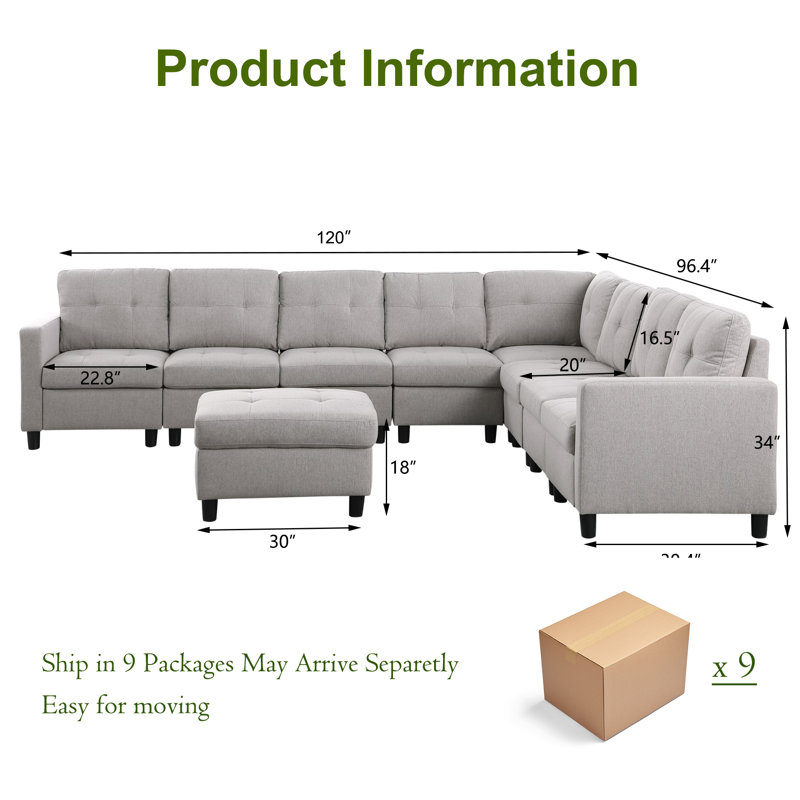 Kentrell 9 - Piece Upholstered Sectional With Ottoman, Light Gray Linen