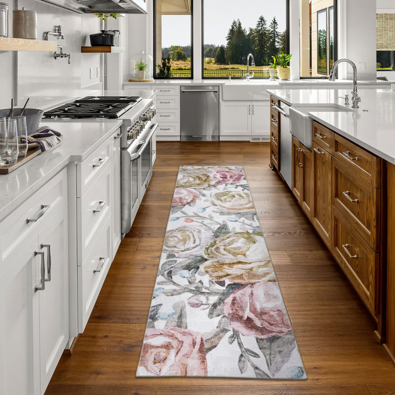 Tapis rose / jaune / ivoire Jasmine, Tapis de couloir 2 pi 6 po x 9 pi