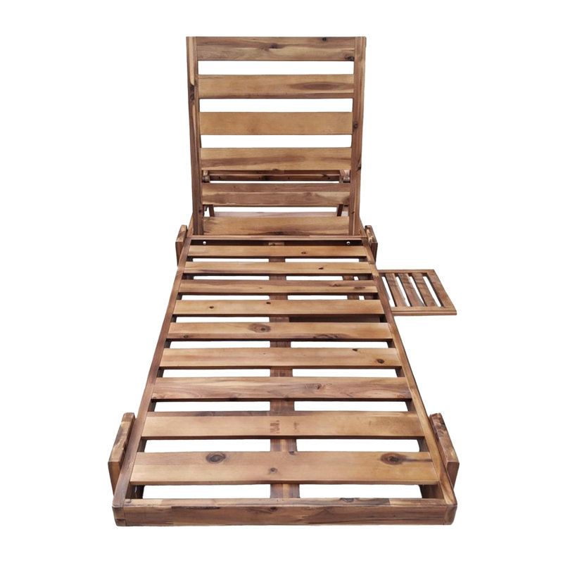 Outdoor Adjustable Backrest Acacia Wood Lounge Chair with Cushion, Navy Blue