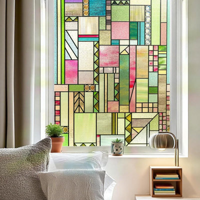 Ohtmeru 3d Stained Glass Window Privacy Film, Heat Control Uv Blocking Static Cling Decorative Window Film For Bathroom,front Door,home Non Adhesive,16.9 X 39.3 Inches