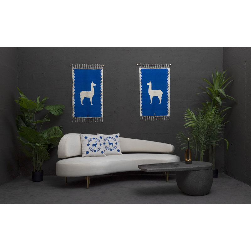 Llama Sheep Wool Handwoven Tapestry, Aged Bronze Wall Mount, Terracota, Lapis Blue