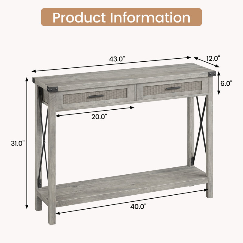 Table d'entrée de style campagnard, console avec tiroirs en rotin, canapé de 43 po avec rangement
