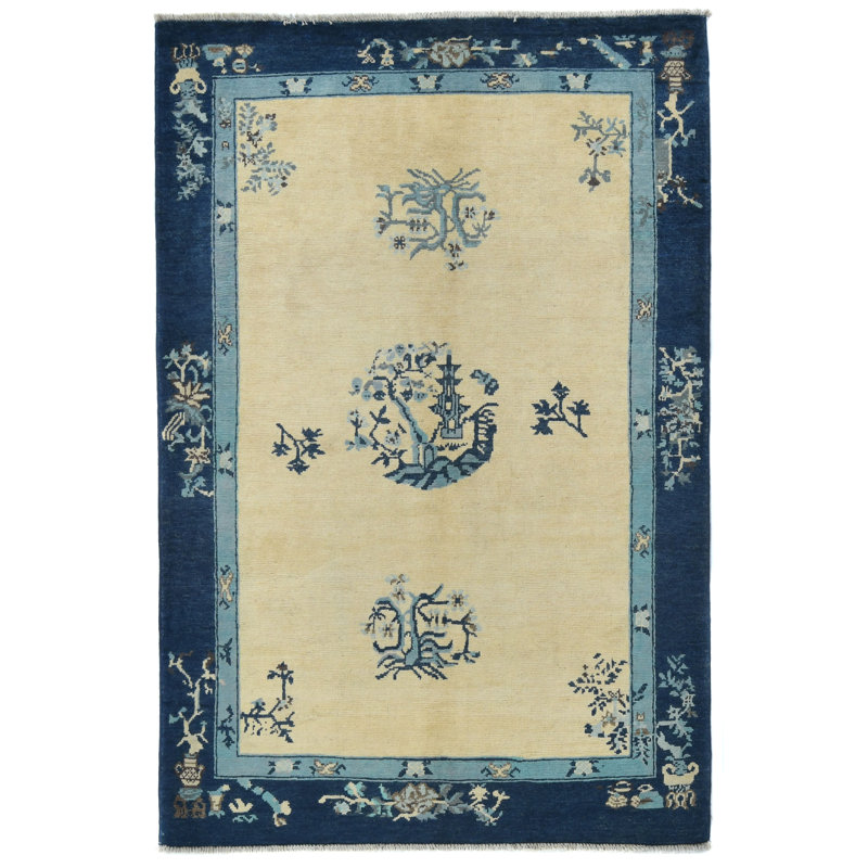 Tapis oriental moderne à bordure crème unique 4 x 6 One-of-a-Kind