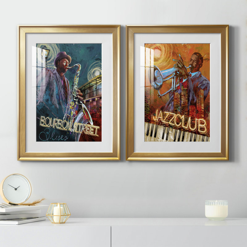 Bourbon Street Blues - ensemble de 2 reproductions sur papier, H 18,5 po x l 49 po x P 1,5 po, Papier encadré doré, Blanc