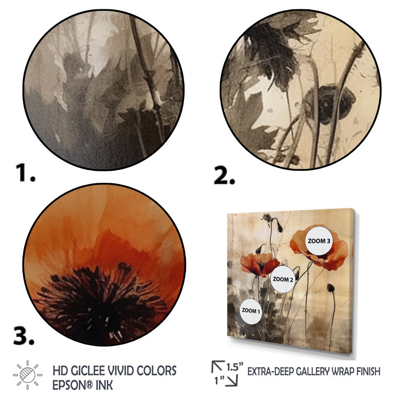 " Vintage Beige Poppies II ", 36" H x 36" W x 1.5" D, Black Single Picture Framed
