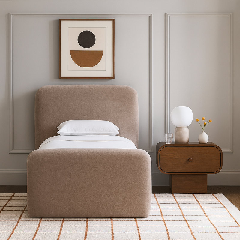 Fira Daliah Chenille Fabric Upholstered Bed, Taupe Chenille Fabric, Twin