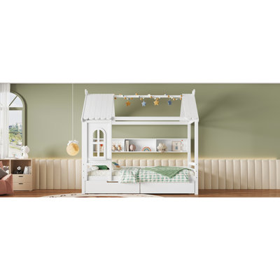 Lits simples avec tiroirs de rangement et fenêtre, structure de lit plateforme en bois massif avec tablettes, pour enfants, filles, garçons, sans boîte à ressorts et design enfantin, blanc
