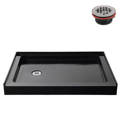 48 in. x 32 in. Alcove Acrylic Shower Base in Glossy Black With Left Drain, Drain Included