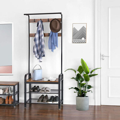 72“ Industrial Coat Rack Shoe Bench,  Storage Shelf, Wood Look Accent Furniture With Metal Frame, 3 In 1 Design, Easy Assembly