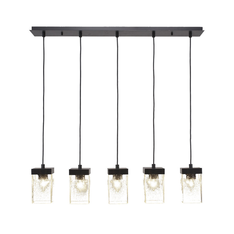 Luminaire suspendu linéaire à 5 lumières Karson présenté avec une finition espresso et verre carré transparent de 4 po