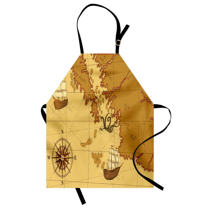 Tablier de mer East Urban Home unisexe, vieille carte avec boussole de bateau, taille adulte, jaune brun pâle