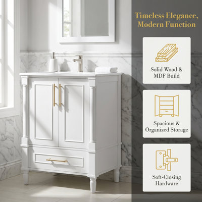 Meuble-lavabo moderne de 24 po avec motif orné, pieds cylindriques français, charnières à fermeture en douceur, lavabo en céramique, armoire en bois massif et panneau de fibres à densité moyenne, conception autoportante pour les petites salles de bain