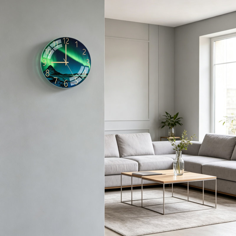 Aurora Round Glass Decorative Wall Clock, 12 Inch Silent Battery‑Powered Quartz Wall Clock, Elegant Wall Accent for Kitchen, Living Room, Bedroom, Hallway and Office