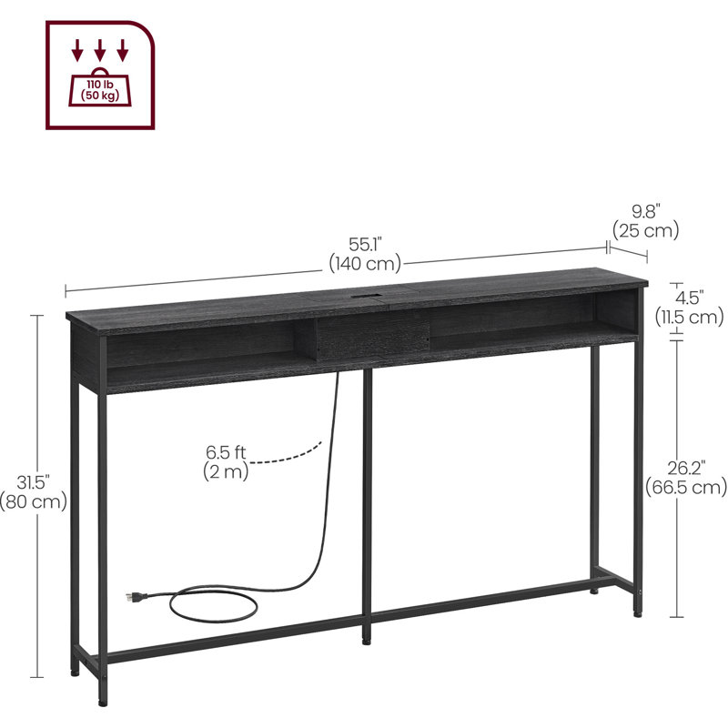 Console avec prise Gericho, Noir, H 31,5 po x l 55,1 po x P 9,8 po