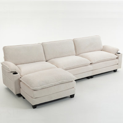 113-Inch Modern L-Shaped Corduroy Sofa With Ottoman, High-Resilience Sponge, And Double-Layer Cushions For Comfortable Living