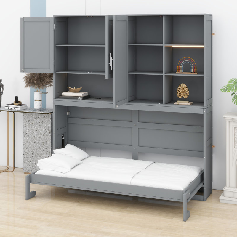 Lit escamotable avec armoire supérieure, tablettes, Gris