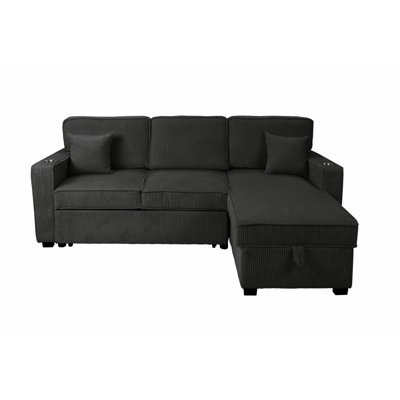Contemporary Style Convertible Sectional Cup Holder Usb And Usb-C Port Storage Chaise Matching Pillows Pull Out Extension Black Finish Primary Living Room