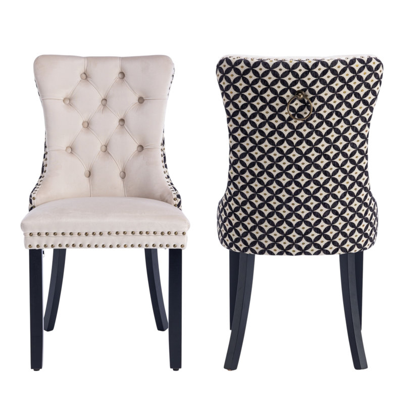 Tufted Velvet Wing Back Side Dining Chairs, Black, Beige Star