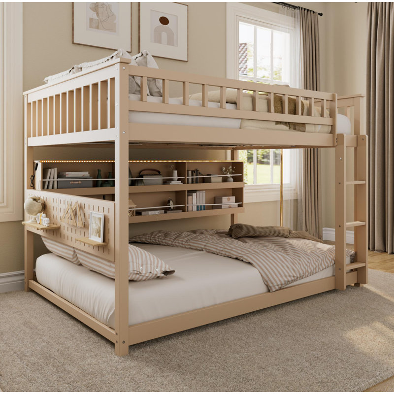 Lit superposé double au-dessus de double avec tablettes intégrées, lumières à changement de couleur et panneau perforé, beige