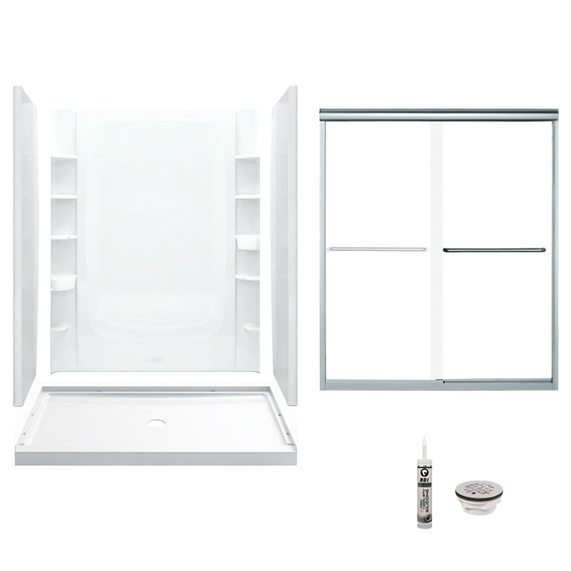 60" W x 75.75" H Frameless Rectangle Sliding Shower Kit with Towel Bar and Base Included, Silver, White