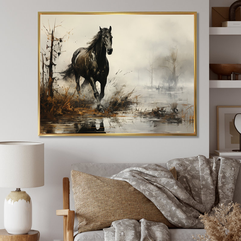 «Grey Horse Misty Morning Canter II», art mural cheval, H 16 po x l 32 po x P 1 po, Cadre flottant doré
