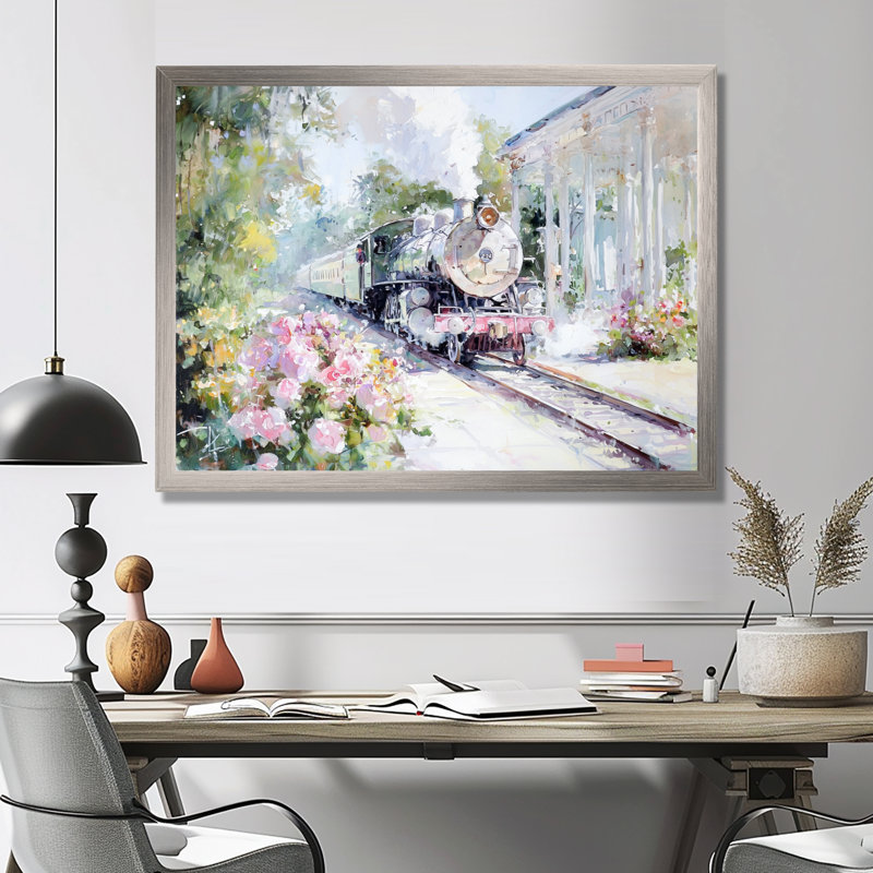 Trains, scène amusante de jardin excentrique II - train, art mural, H 30 po x l 40 po, Argent argent