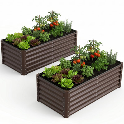 2-Pack 4x2ft Galvanized Steel Raised Garden Beds, 17in Deep Metal Planters, Natural Wood 
