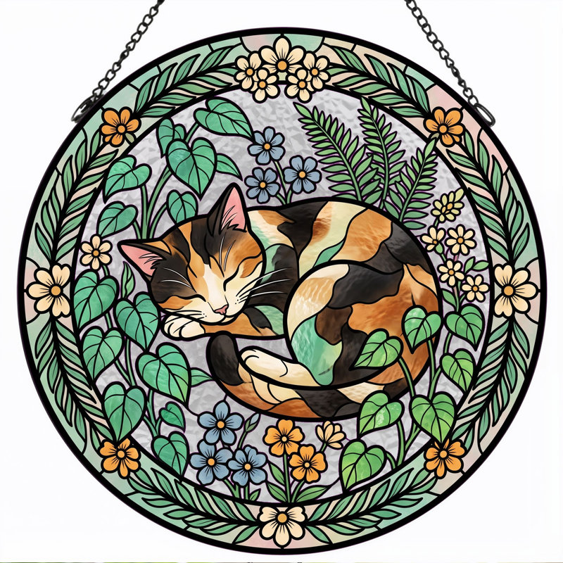 Sleeping Cat Stained Glass Window Panel，12"H, 12"H