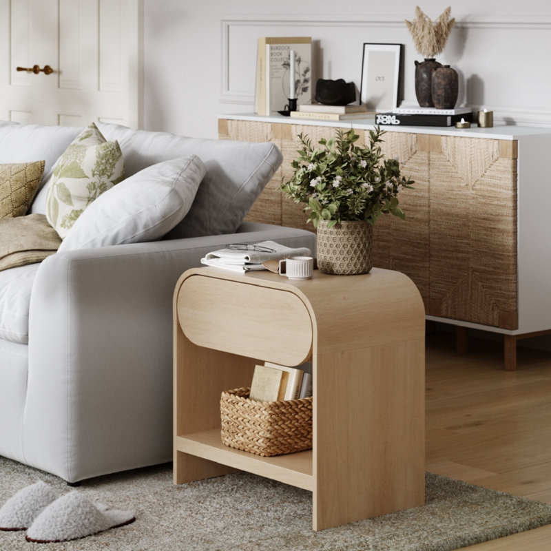 Arched Nightstand with Drawer in Light Oak, Pale Oak