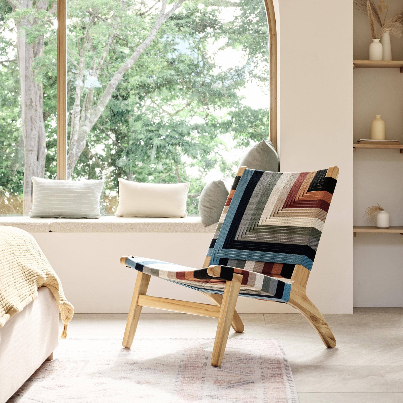 Masaya Upholstered Accent Chair, Teak, Blue/Black/Gray