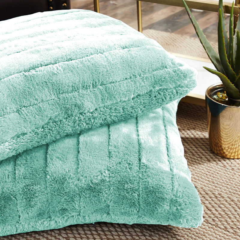 Bleached Aqua Faux Fur and Sherpa Euro Pillow Covers Set
