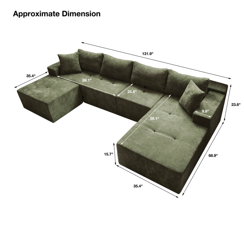 Koli Boneless 4 - Pieces U-shaped Compression Chenille Sectional Sofa, Green, Left Facing, Right Facing