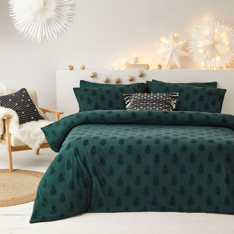Tufted Tree Cotton Floral Duvet Cover Set with Pillowcases Included, Super King - 2 Standard Pillowcases, Pine Green