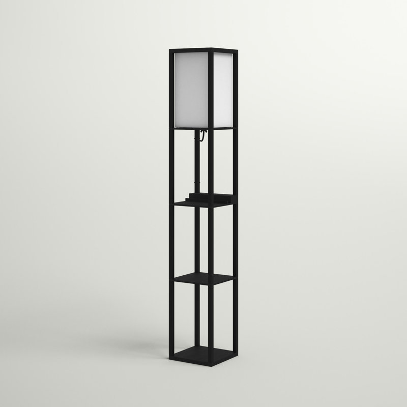 Maxwell 63 in. 3-Shelf Modern USB and Wireless Charging LED Floor Lamp with Fabric Square Shade, Black 