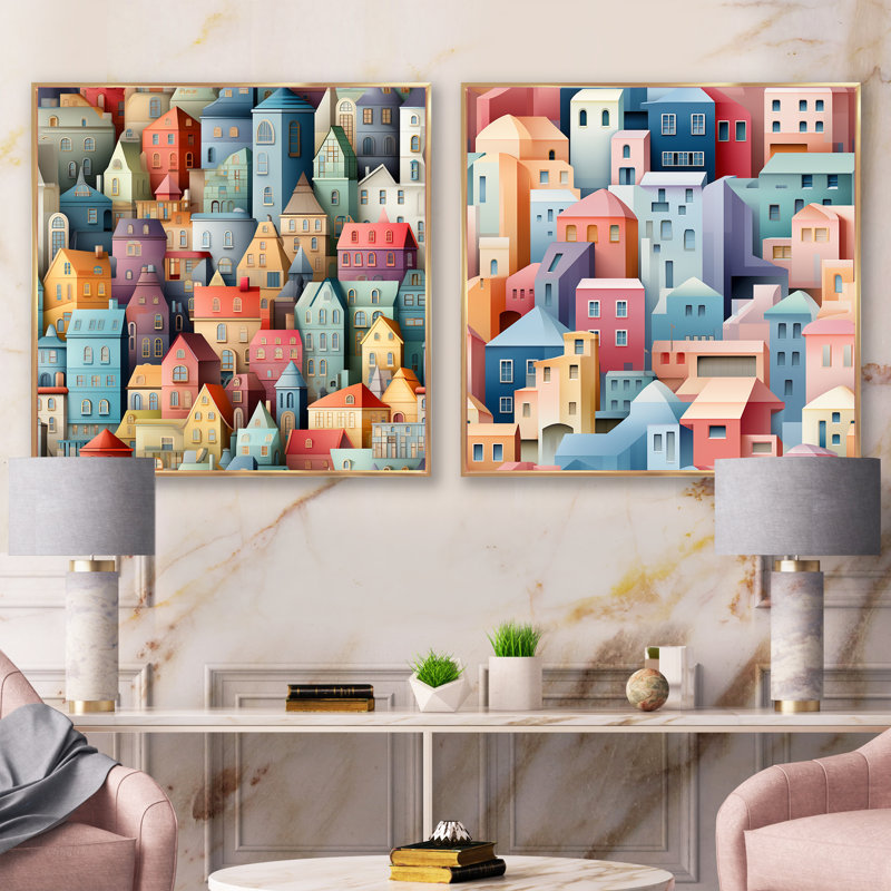 Bâtiments urbains aux couleurs pastel douces III - ensemble de 2 collages carrés abstraits, Cadre flottant doré