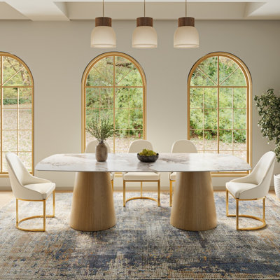 Modern Rectangular Double Stable Pedestal Dining Table For 6-10, Sintered Stone Gathering Kitchen Table 