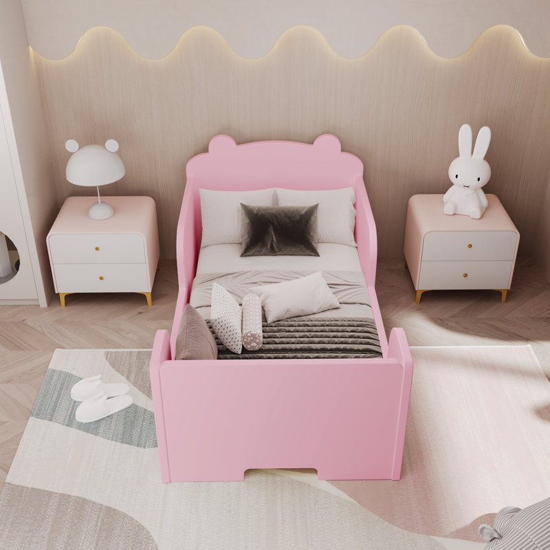 Lit de sol en forme d'ours pour tout-petit en bois massif, Rose