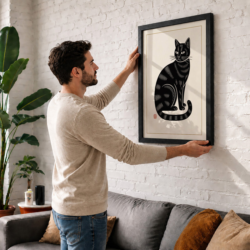 Smiling Cat Japandi - Framed Print, Unframed, A3 - 42.0 x 29.7 cm