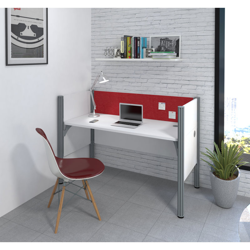 Pro-Biz Simple Workstation with 3 Privacy Panels Benching Desk, White/Red